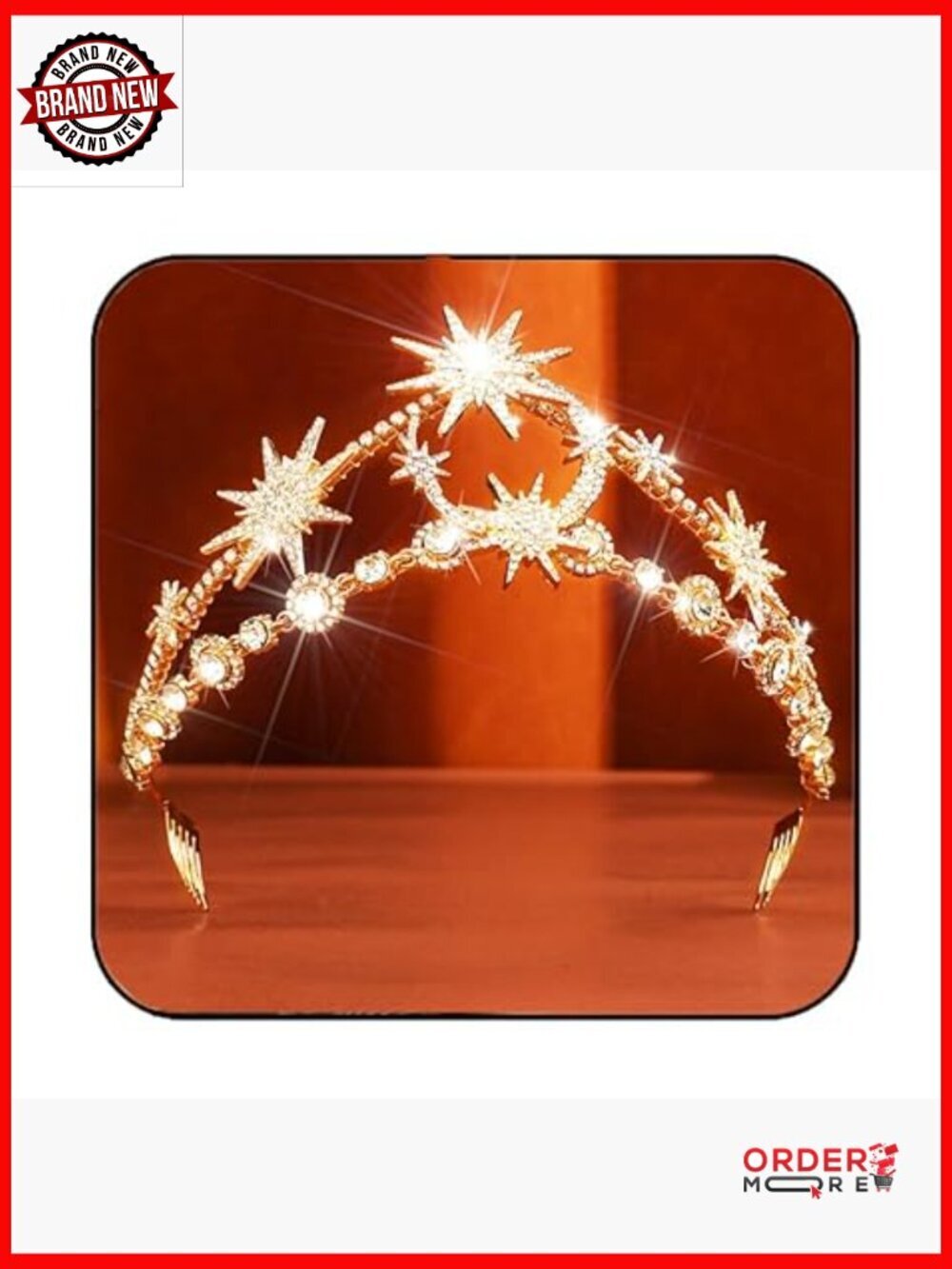 Gold Star Moon Tiara Headpiece Rhinestone Wedding Headband Goddess Hair